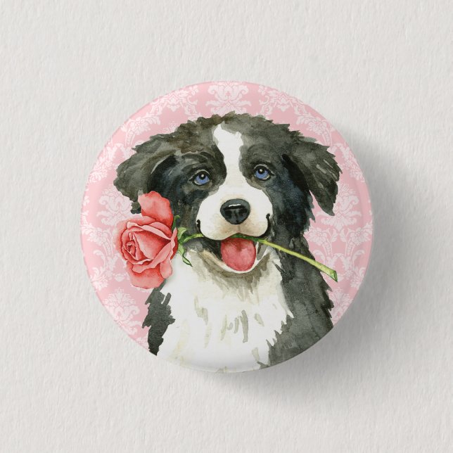 Valentine Rose Border Collie 1 Inch Round Button (Front)