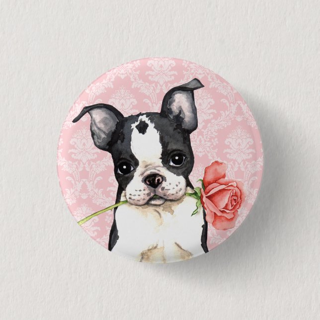 Valentine Rose Boston Terrier 1 Inch Round Button (Front)