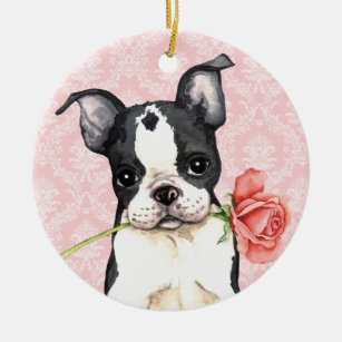Valentine Rose Boston Terrier Ceramic Ornament