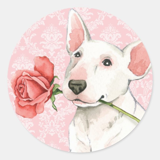 Valentine Rose Bull Terrier Classic Round Sticker (Front)