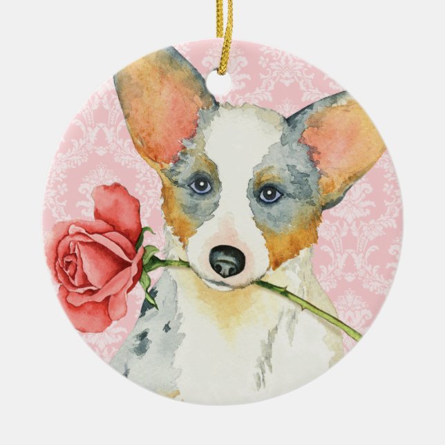 Valentine Rose Cardigan Welsh Corgi Ceramic Ornament (Front)