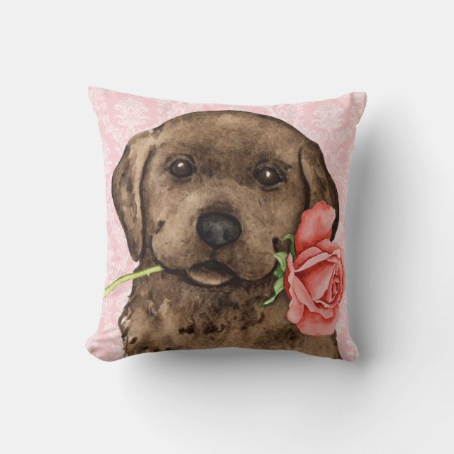 Valentine Rose Chocolate Lab Throw Pillow (Front)