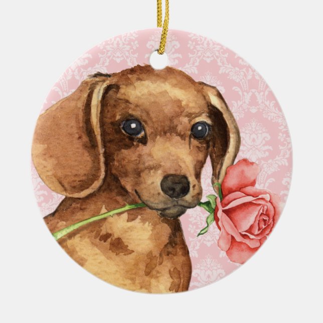 Valentine Rose Dachshund Ceramic Ornament (Front)