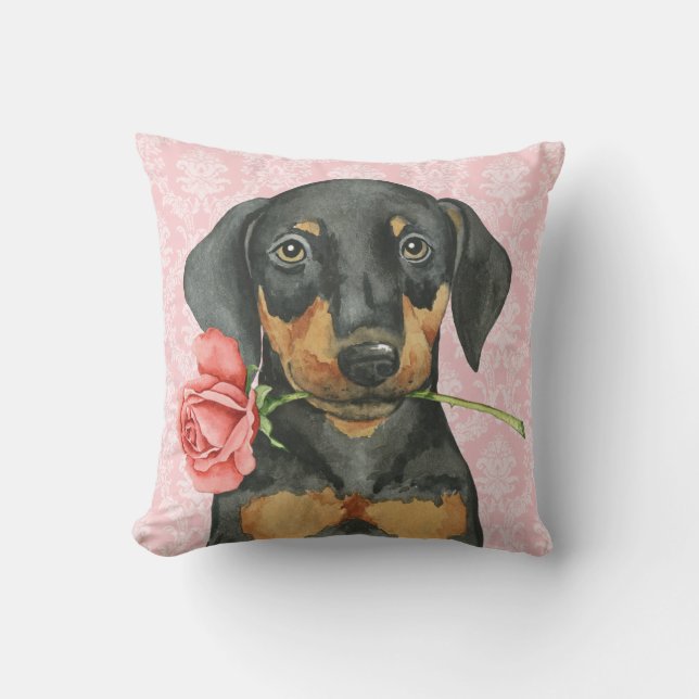 Valentine Rose Doberman Throw Pillow (Front)