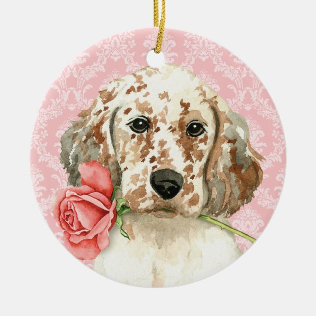 Valentine Rose English Setter Ceramic Ornament (Front)