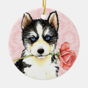 Valentine Rose Husky Ceramic Ornament