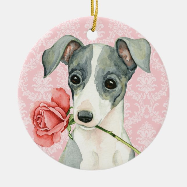 Valentine Rose Italian Greyhound Ceramic Ornament (Front)