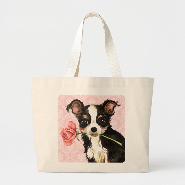 Valentine Rose Long Coat Chihuahua Large Tote Bag (Front)