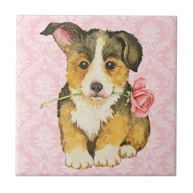 Valentine Rose Pembroke Welsh Corgi Tile (Front)