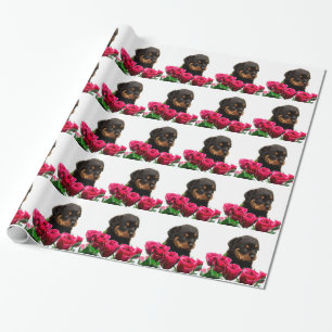 Valentine Rose Rottweiler Puppy Wrapping Paper