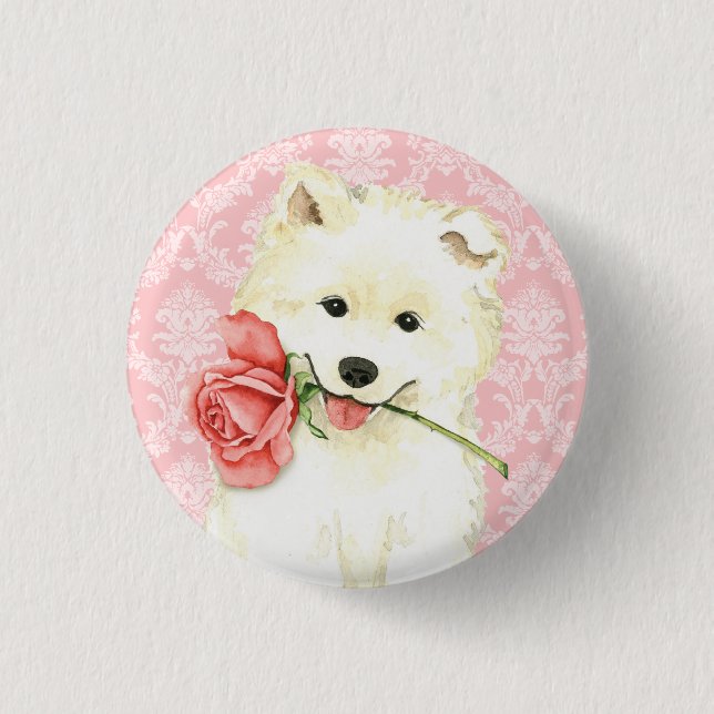 Valentine Rose Samoyed 1 Inch Round Button (Front)