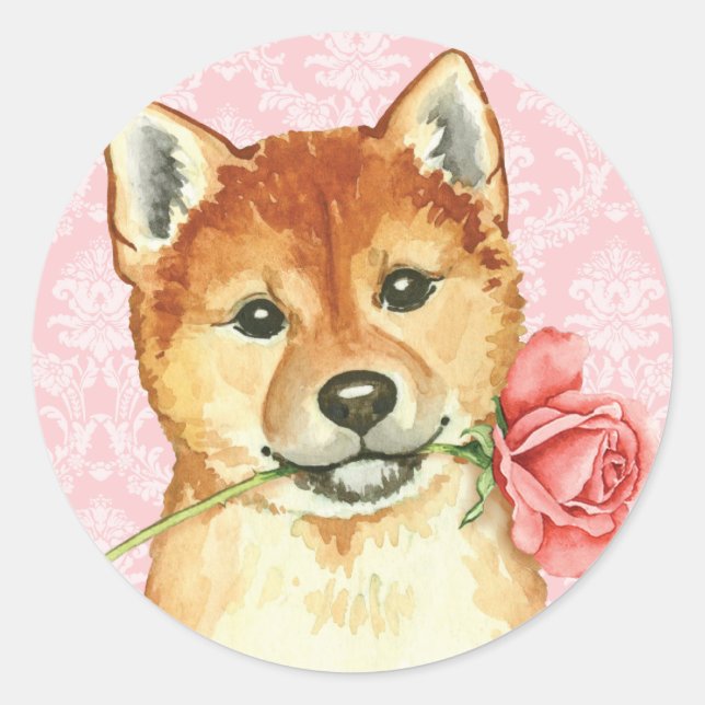 Valentine Rose Shiba Inu Classic Round Sticker (Front)