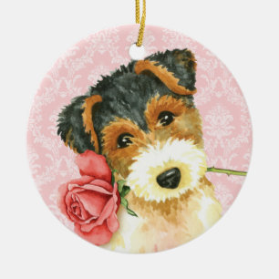 Valentine Rose Wire Fox Terrier Ceramic Ornament