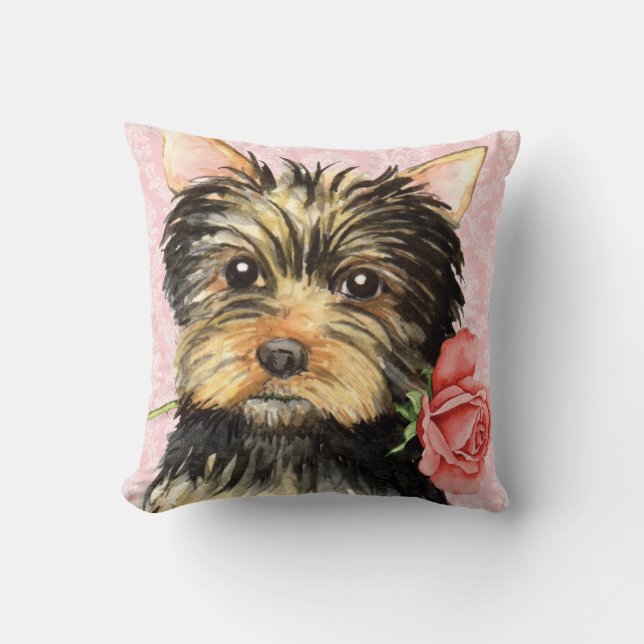 Valentine Rose Yorkie Throw Pillow (Front)