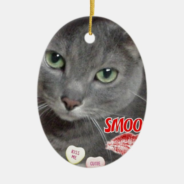 Valentine Russian Blue Cat Ceramic Ornament (Front)