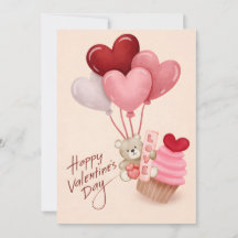 Valentine’s Day Card with Heart Balloons & Cupcake