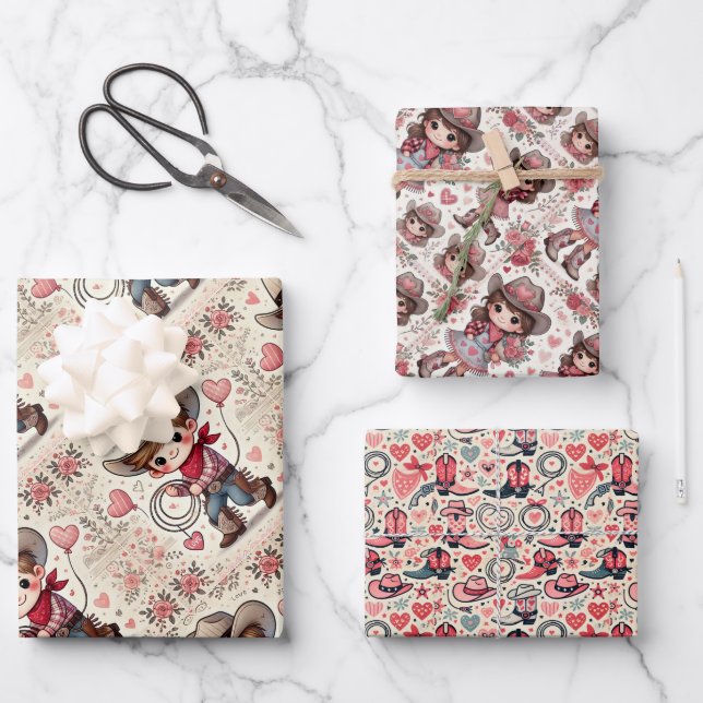 Valentine’s Day Cowboy & Cowgirl Wrapping Paper Sheet (Front)