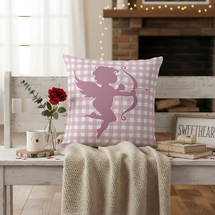 Valentine’s Day Cupid Pink and White Plaid Gingham Throw Pillow