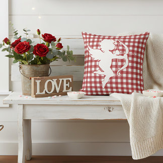 Valentine’s Day Cupid Red and White Plaid Gingham Throw Pillow