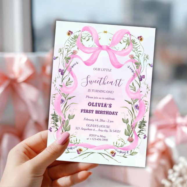 Valentine’s Day Floral Pink Bow First Birthday Invitation (Creator Uploaded)