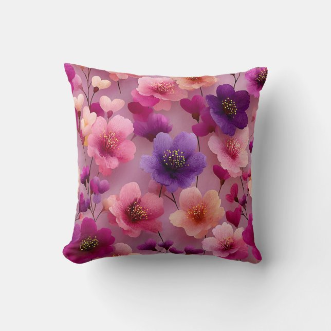 Valentine’s Day Floral Romantic Pink Purple Throw Pillow (Front)
