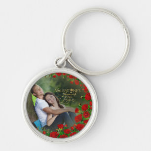 Valentine’s day Gold Calligraphy Red Roses Photo Keychain