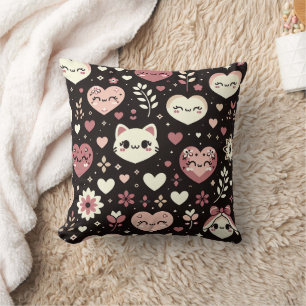 Valentine’s Day Kawaii Cats Hearts Flower Pattern Throw Pillow