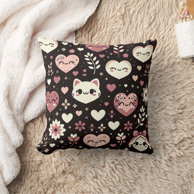 Valentine’s Day Kawaii Cats Hearts Flower Pattern Throw Pillow (Blanket)
