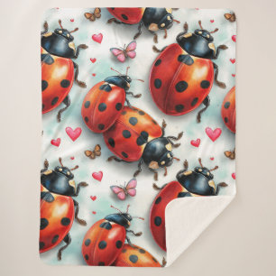 Valentine`s Day Ladybug Love Pattern Sherpa Blanket