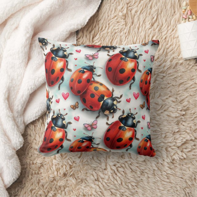 Valentine`s Day Ladybug Love Pattern Throw Pillow (Blanket)