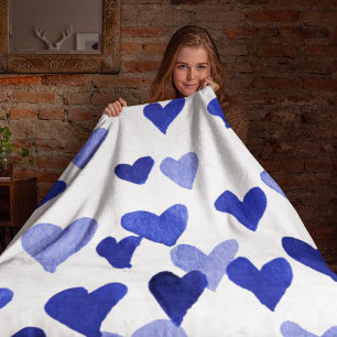 Valentine’s Day Watercolor Hearts – blue Fleece Blanket