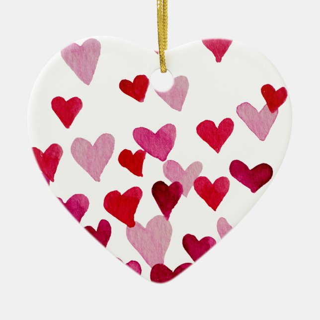 Valentine’s Day Watercolor Hearts – pink Ceramic Ornament (Front)