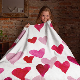 Valentine’s Day Watercolor Hearts – pink Fleece Blanket