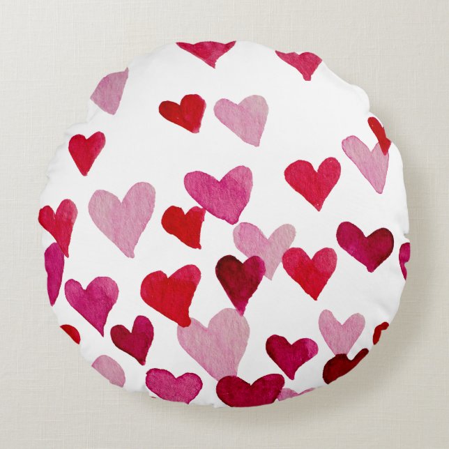 Valentine’s Day Watercolor Hearts – pink Round Pillow (Front)