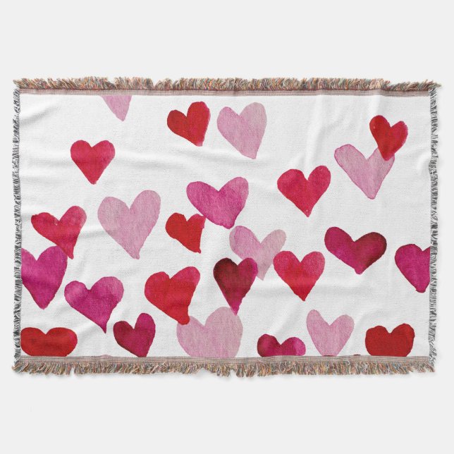 Valentine’s Day Watercolor Hearts – pink Throw Blanket (Front)