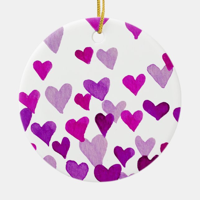 Valentine’s Day Watercolor Hearts – purple Ceramic Ornament (Front)
