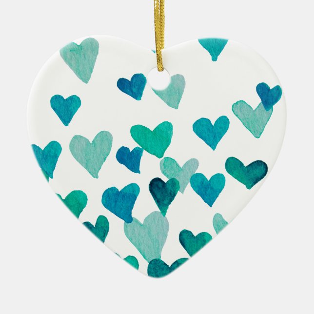 Valentine’s Day Watercolor Hearts – turquoise Ceramic Ornament (Front)
