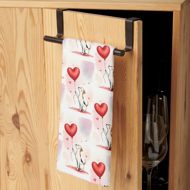 Valentine' s Kitchen Hand Towel Dog Red Heart (Thirds Fold)