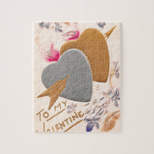 Valentine Silver and Gold Hearts Antique Postcard Jigsaw Puzzle