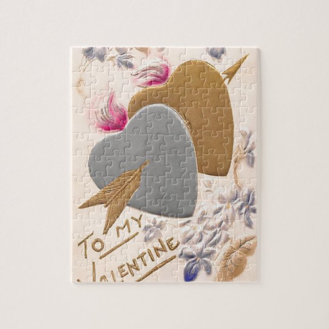 Valentine Silver and Gold Hearts Antique Postcard Jigsaw Puzzle (Vertical)