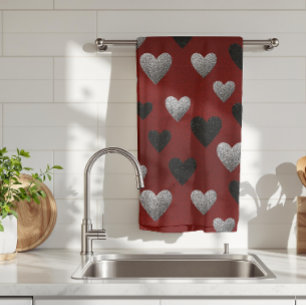 Valentine Silver Black Glitter Hearts on Burgundy Kitchen Towel