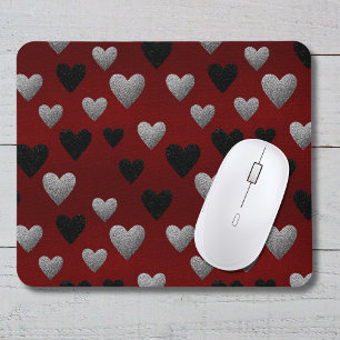 Valentine Silver Black Glitter Hearts on Burgundy Mouse Pad