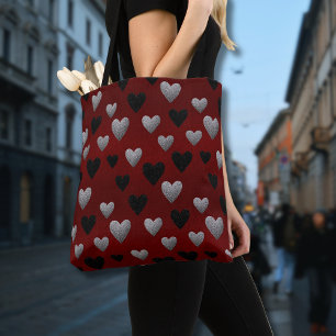 Valentine Silver Black Glitter Hearts on Burgundy Tote Bag