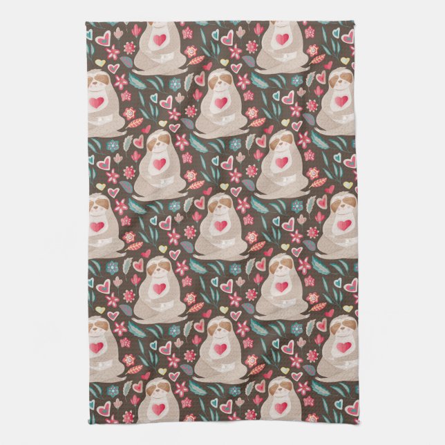 Valentine Sloth Pattern Kitchen Towel (Vertical)