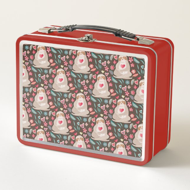 Valentine Sloth Pattern Metal Lunch Box (Front)