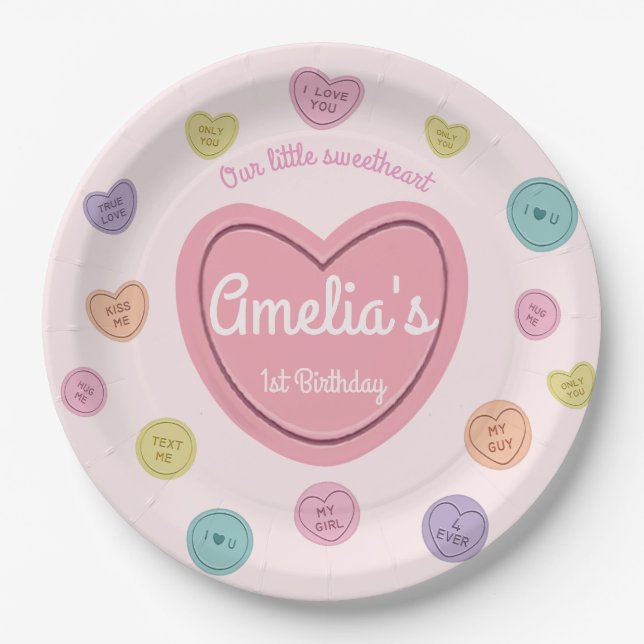  Valentine Sweetheart Candy Birthday Paper Plates (Front)