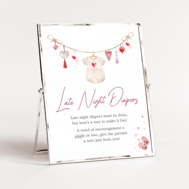 Valentine Sweetheart Late Night Diapers Poster (A Little Sweetheart Valentine Baby Shower Late Night Diapers Sign)