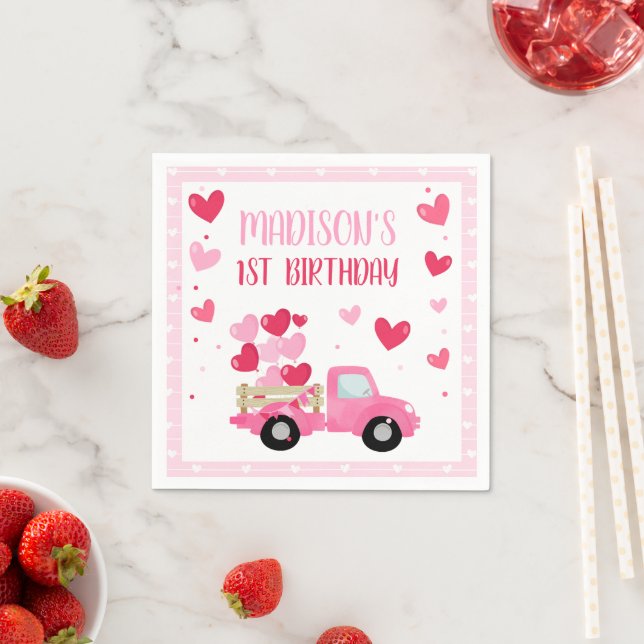 Valentine Sweetheart Pink 1st Birthday Party Decor Napkin (Insitu)