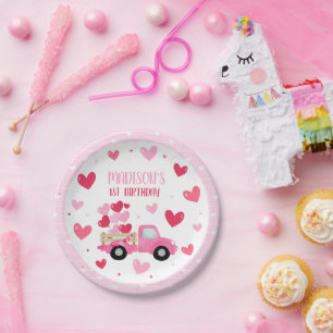 Valentine Sweetheart Pink 1st Birthday Party Decor Paper Plate