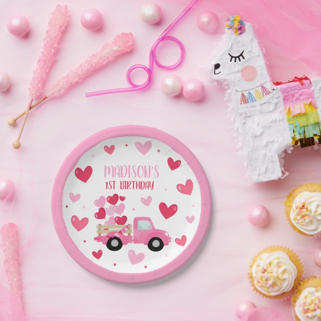 Valentine Sweetheart Pink 1st Birthday Party Decor Paper Plate (Party)
